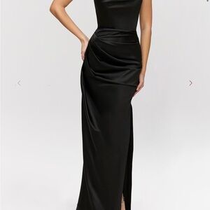 House of CB Black Satin Ruched Strapless Adrienne Dress